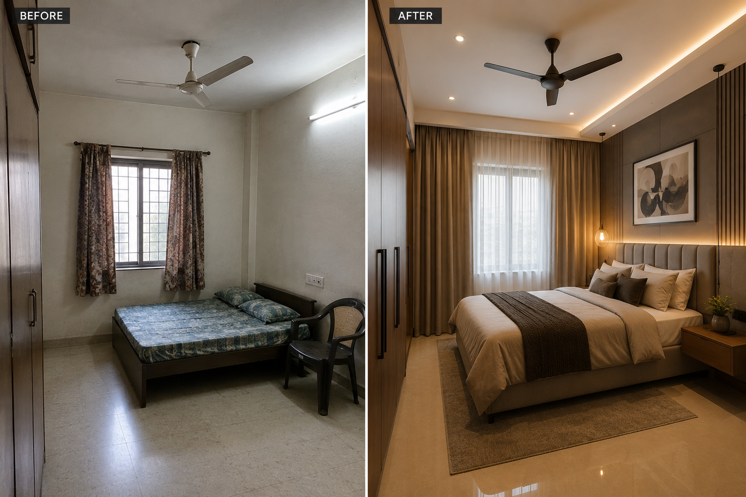 Bedroom before and after transformation