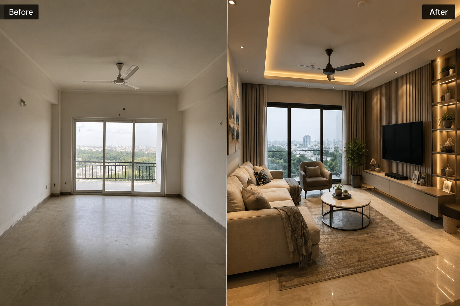 Living room before and after transformation
